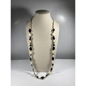 Vintage Silver Tone Black & Cream Necklace 30in Statement Classy